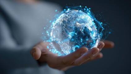 Hand holding a holographic, digital representation of Earth.  Overlayed with a network of light-blue lines and points