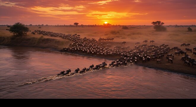A vast herd of wildebeest crosses a river at sunset, showcasing the dramatic African landscape.