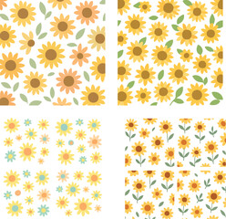 Four Cute Sunflower Seamless Patterns.
