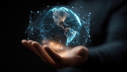 A hand holds a digital globe, network lines connecting continents (1)