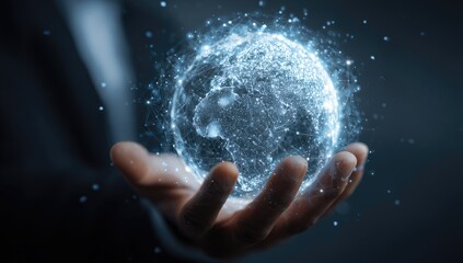 A hand holds a glowing, digital representation of Earth (2)