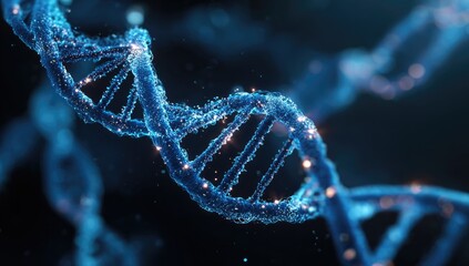 Detailed, glowing depiction of DNA double helix.  Clusters of  blue particles form the structure,  illuminated by light,  with a dark background