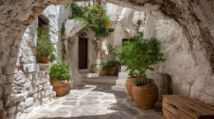 Narrow street in the old town of greece with white stone arch