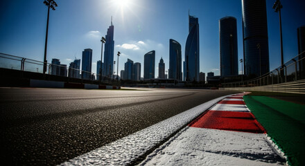 Obraz premium Urban racing track with modern city skyline in the background