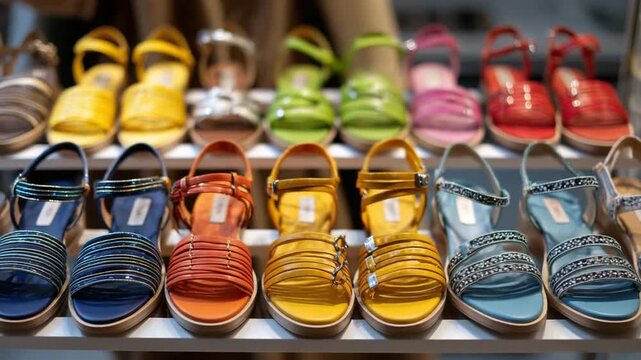 Collection of colorful strappy sandals flat neatly displayed in boutique showcase &ndash; Video 4K UHD 60fps