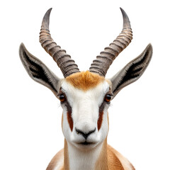 Close up portrait of a majestic springbok antelope head with impressive curved horns and striking facial markings isolated on transparent background