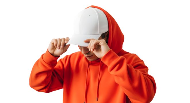 Young Man Adjusting Cap in Orange Hoodie Cut Out PNG. - Powered by Adobe