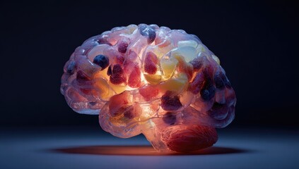 Glowing, translucent brain filled with colorful, candy-like blobs