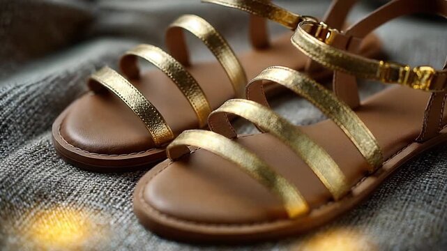 Close-up detail of metallic strappy sandals flat highlighting modern buckle design &ndash; Video 4K UHD 60fps