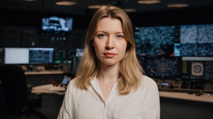 Woman engineer in data center environment with blue glow, ideal for STEM promotions, diversity in tech, or professional achievements.