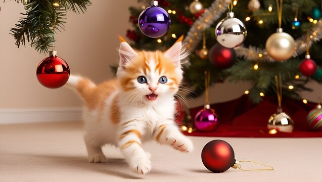 Cute Persian colorpoint kitten batting at colorful ball ornaments while sitting by a decorated Christmas tree