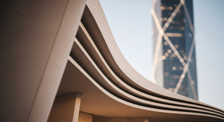 Modern architectural design with curved lines and tall building in background