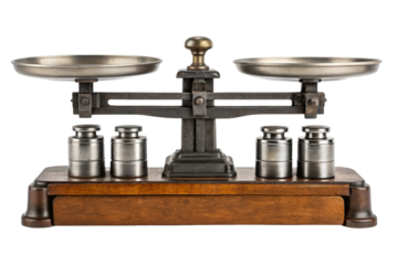 Vintage apothecary balance scale with a set of metal weights isolated with transparent background