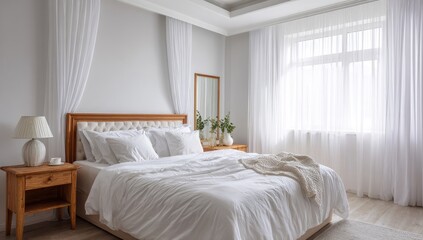 A bright, airy bedroom with a light gray wall, white drapes, and a wooden headboard.  White linens and a beige throw blanket on a large bed. A wooden nightstand and lamp are beside the bed.