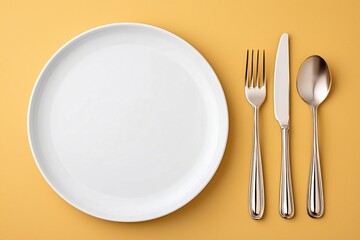 Empty white ceramic plate with shiny silver  silverware. Clean eating minimal arrangement. Tableware concept for restaurant menu or diet plan.Mockup,cooking blog,advertising banner,flyer, copy space 