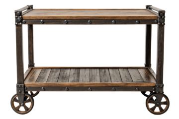 Industrial style serving trolley with wood shelves and wheels isolated with transparent background