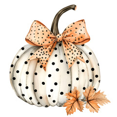 Watercolor Pumpkin with a polka dot bow and leaves