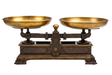 Old vintage-style balance scale with two brass weighing pans isolated with transparent background