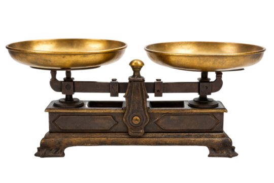 Old vintage-style balance scale with two brass weighing pans isolated with transparent background