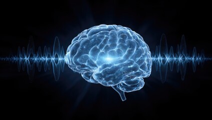 A luminous, translucent brain graphic, bathed in a soft blue light, is centered against a dark background.  Brain waves, in a similar blue tone, flow across the image