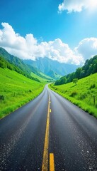 Fototapeta premium A winding asphalt road disappears into the distance, flanked by lush green hills under a vibrant blue sky The perspective creates a sense of journey and exploration , vibrant, freedom, curve