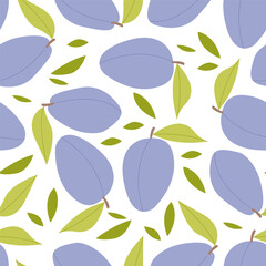 Plum Seamless pattern. Fruit background. Whole Ripe plums with green leaves. Repeatable texture with fresh juicy vitamin. Vector illustration for print, for wallpaper, textile, print, eco product 