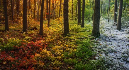 Obraz premium A tranquil forest scene displays a captivating transition between autumn and winter.