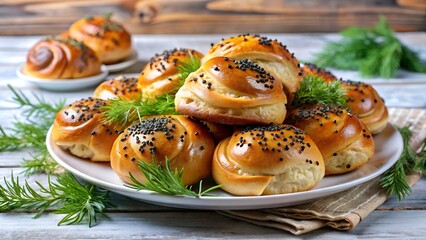 Photo of a plate full of freshly baked sweet buns sprinkled with black sesame seeds and garnished with fresh dill, presented on a rustic wooden table