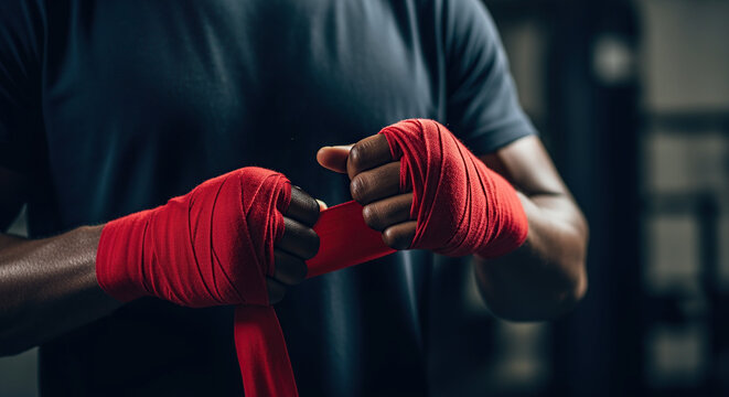 Athlete wrapping hands with boxing bandages - Powered by Adobe