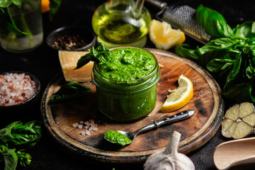 Homemade Pesto Sauce in a Jar with Fresh Ingredients