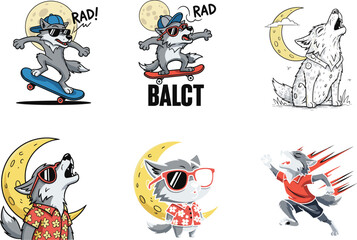 Six cool wolf characters, skateboarding, howling at moon, wearing sunglasses, spilling coffee, running fast, cartoon wolf illustrations, trendy designs, vector animal art, humorous style