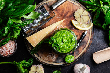 Homemade Pesto Sauce in a Jar with Fresh Ingredients