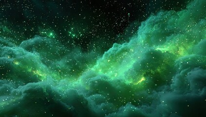 Deep space nebula, vibrant emerald green clouds