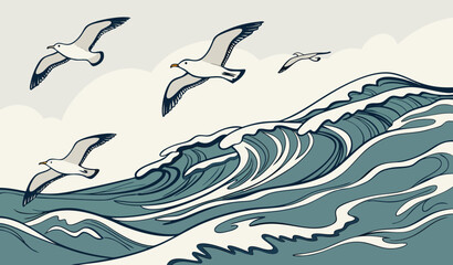 Obraz premium Flock of seagulls flying over choppy ocean waves birds 