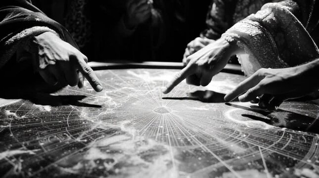 High-contrast artistic close-up of the three Magi&rsquo;s hands pointing to the same sacred spot on a star chart, symbolizing unity, prophecy, shared wisdom, and divine guidance.
