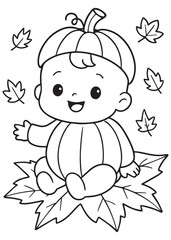 coloring book baby sitting on autumn leaves wearing pumpkin costume for cute halloween theme