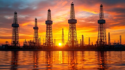 Obraz premium Oil rigs silhouetted against a fiery sunset over water.