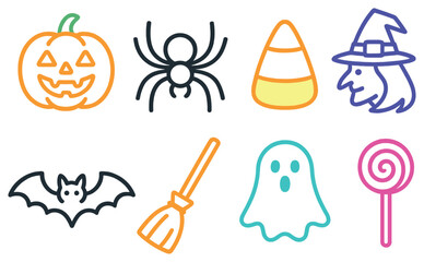 Halloween 3d icon set. featuring pumpkin, spider, candy corn, witch, bat, broom, ghost, lollipop