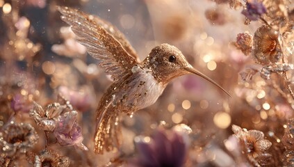 Fototapeta premium Golden hummingbird in flight, surrounded by flowers and glittering light