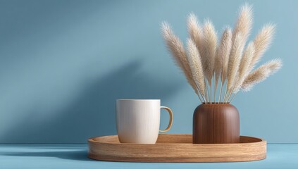 A minimalist, light-filled scene featuring a wooden tray, a cream mug, and a vase of pampas grass against a light blue backdrop