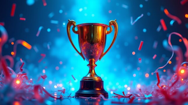 Golden trophy with red confetti and blue lights award - Powered by Adobe