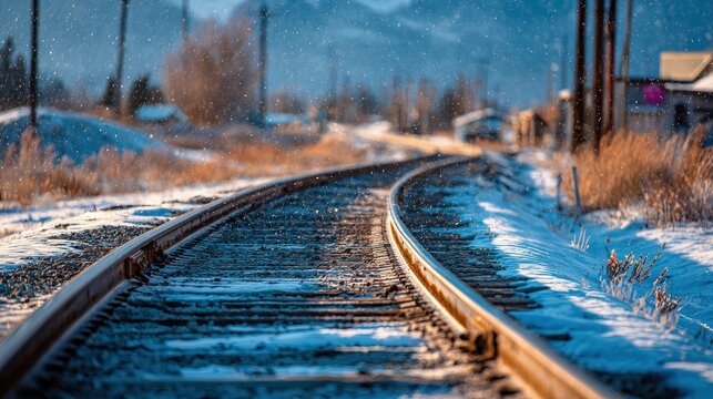 Snowy Train Tracks Through Winter Landscape