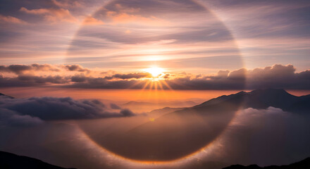 Brocken Spectre and Glory in the Mountains at Sunset