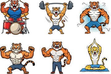 Muscular cartoon tiger characters, fitness poses, yoga, weightlifting, drumming, banana costume, strong animal mascot, vector illustration for sports and entertainment content