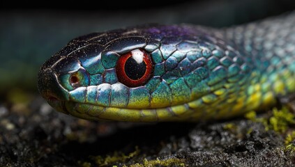 Close-up of a vibrant snake's head.  Scales shimmer in iridescent blues, greens, and purples.  Red eye stands out against dark head.  Dark background