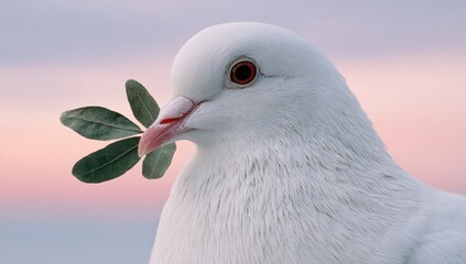 Close-up of a white dove with a sprig of leaves in its beak against a soft, pastel sunrise/sunset backdrop