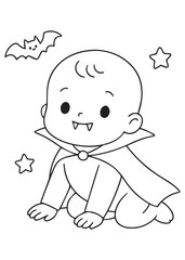 oloring book baby vampire crawling under stars in halloween atmosphere