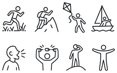 Outdoor activities linear icon set. featuring running, hiking, kite flying, sailing, shouting, exploring.