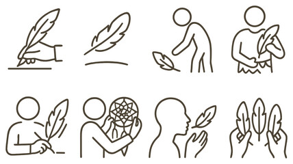 Feather symbolism linear icon set. featuring writing, picking up, holding, and dreamcatcher symbols