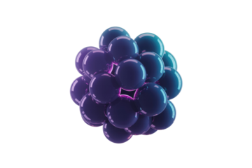 A cluster of glossy, vibrant purple and teal spheres forms a captivating, abstract pattern against a transparent background. background removed